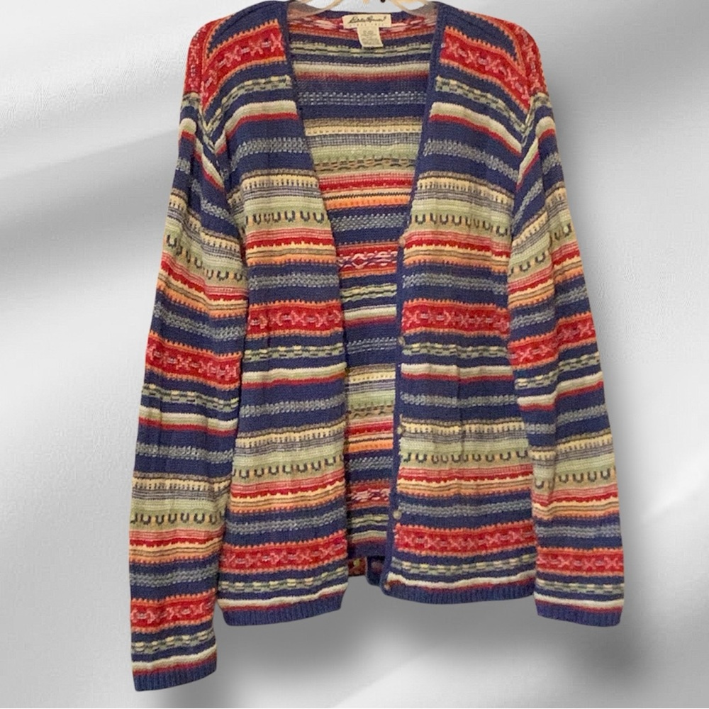 Eddie Bauer Multi-Color Striped Knit Cardigan - Red, Navy, Cream, Green